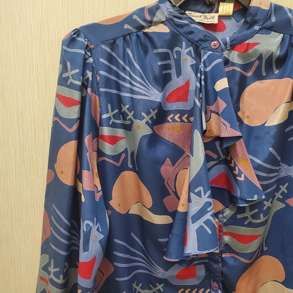 Vintage Art Deco Dress Tribal Print w/ Pockets & Pussybow Neckline - Picture 4 of 16